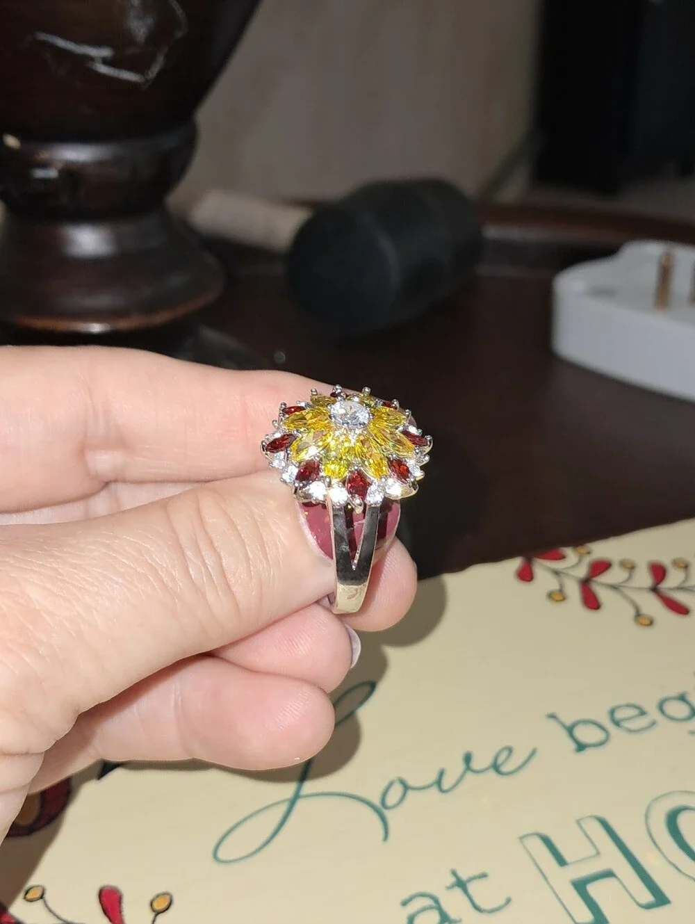Yellow and Red  Australian Crystals Multi-Stone Floral Cocktail Ring